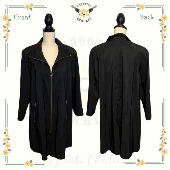 Forecaster of Boston Trench Coat Womens Sz 9/10 Black Full Zip w/ Shoulder Pads - Picture 1 of 8